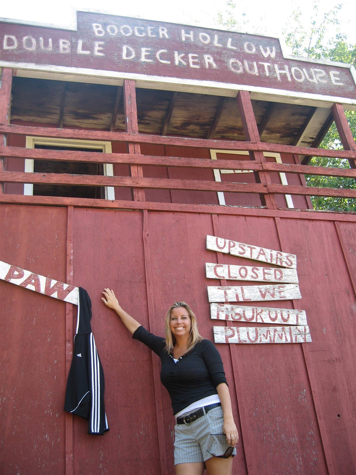 Mary at Booger Hollow outhouse